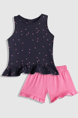 Mothercare Girls Mini Polka Dots Print Ruffles Knitted Pure Cotton Top with Shorts