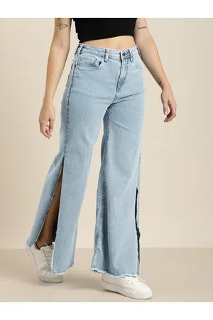 HERE&NOW Women Wide Leg With Slits Heavy Fade Stretchable Mid-Rise Jeans