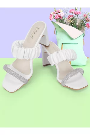 MEHNAM Ruched Embellished Open Toe Slim Heels