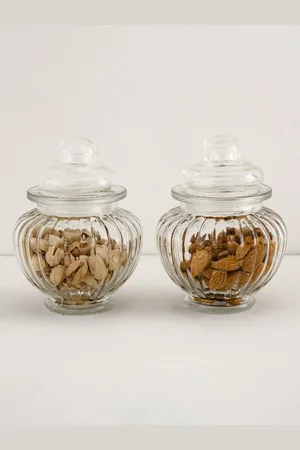 Home Centre Set Of 2 Transparent Textured Glass Jar With Lid