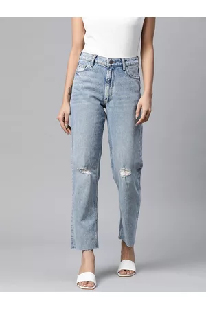 Marks & Spencer Women Blue Solid Boyfriend Fit Low Distress Stretchable Jeans