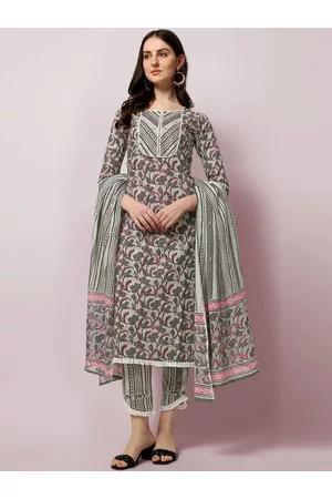 Mirchi Fashion Women Grey Floral Printed Kurta with Trousers & With Dupatta