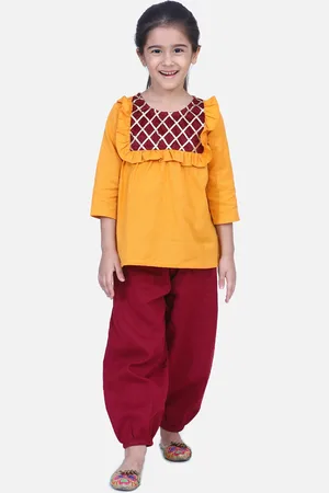 BownBee Girls Yellow Yoke Design Kurti with Maroon Harem Pants