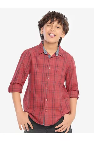 BONKIDS Boys Spread Collar Standard Cotton Checked Casual Shirt