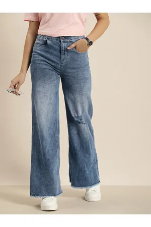 HERE&NOW Women Wide Leg Mildly Distressed Light Fade Stretchable Casual Jeans
