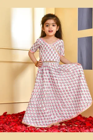 Rangpur Girls Floral Printed V-Neck Gotta Patti Cotton Lehenga & Blouse