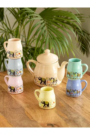ExclusiveLane 7 Pcs Beige & Blue Elephant Handcrafted Ceramic Matte Kettle Set