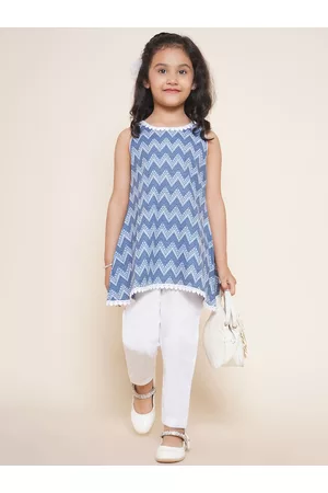 AJ DEZINES Girls Blue Chevron Printed Regular Pure Cotton Kurti with Trousers