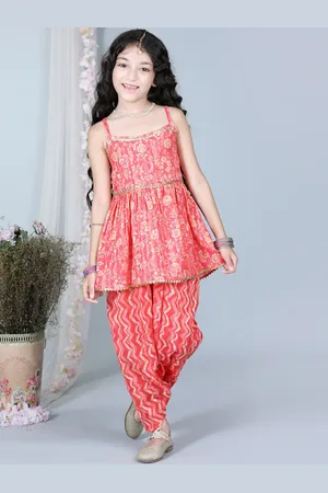 Cutiekins Girls Floral Printed Gotta Patti Kurta with Dhoti Pants