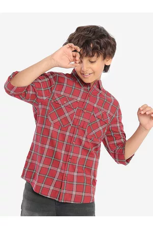 BONKIDS Boys Spread Collar Standard Tartan Checks Opaque Cotton Casual Shirt