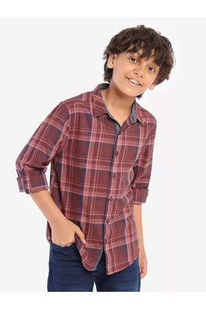 BONKIDS Boys Standard Tartan Checked Spread Collar Roll-Up Sleeves Cotton Casual Shirt