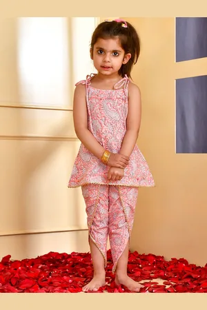 Rangpur Girls Ethnic Motifs Printed Layered Gotta Patti Pure Cotton Kurti with Dhoti Pants