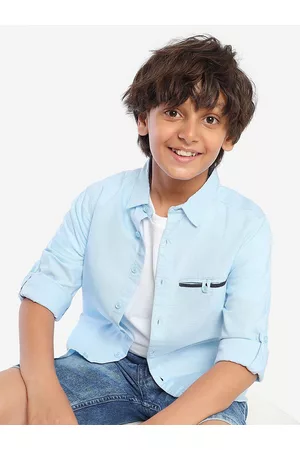BONKIDS Boys Standard Spread Collar Roll-Up Sleeves Cotton Casual Shirt