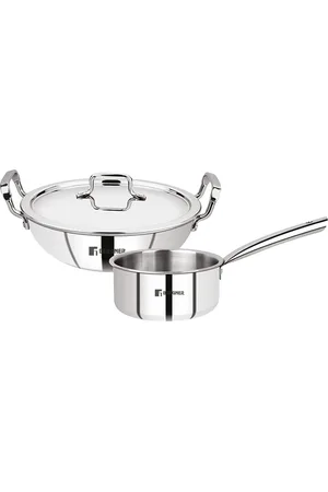 Bergner Set Of 3 Tripro Triply Stainless Steel Kadai with Lid And Teapan