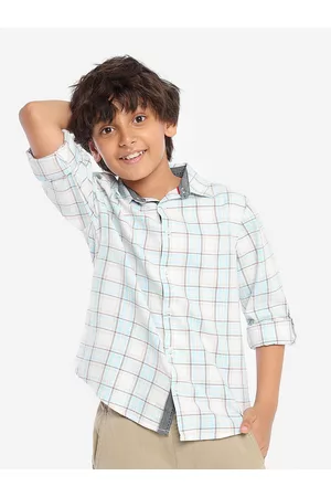 BONKIDS Boys Standard Spread Collar Roll-Up Sleeves Checked Cotton Casual Shirt