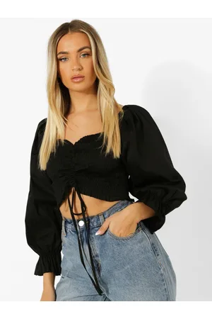 Boohoo Smocked & Ruched Detail Puff Sleeves Crop Top