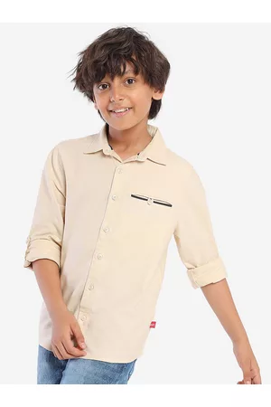 BONKIDS Boys Standard Spread Collar Roll-Up Sleeves Cotton Casual Shirt