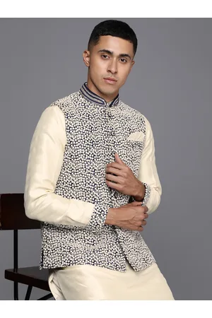 MANU Solid Mandarin-Collar Kurta with Churidar & Nehru Jacket