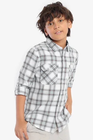 BONKIDS Boys Standard Spread Collar Roll-Up Sleeves Checked Cotton Casual Shirt