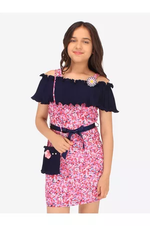 CUTECUMBER Girls Floral Print Cold-Shoulder Applique Georgette Sheath Dress