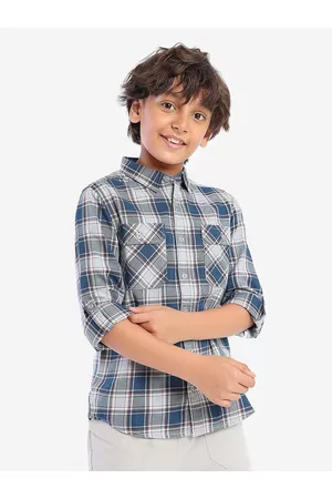 BONKIDS Boys Standard Tartan Checked Spread Collar Roll-Up Sleeves Cotton Casual Shirt