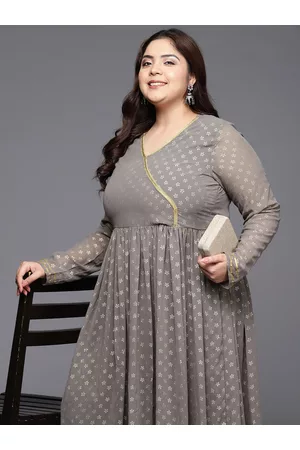 A+ Plus Size Floral Printed Zari Angrakha Kurta with Palazzos