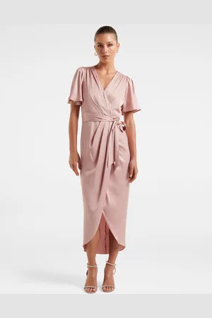 Forever New V-Neck Flared Sleeve Tie-Ups Detail Satin Midi Wrap Dress