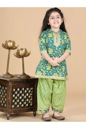 AJ DEZINES Girls Floral Printed Gotta Patti Pure Cotton Kurta with Salwar
