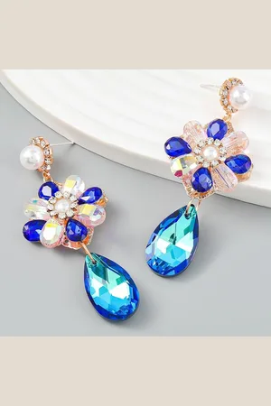 Avant Garde Gold Plated Stone Studded Floral Drop Earrings