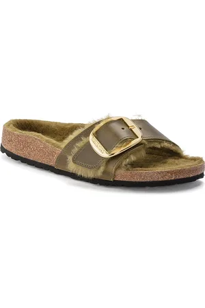 Birkenstock Madrid Big Buckle Shearling Olive Narrow Width Oiled Leather One-Strap Sandals