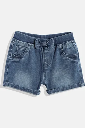 Mothercare Girls Washed Regular Fit Mid-Rise Stretchable Denim Shorts With Bow Detail