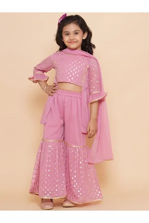 AJ DEZINES Girls Ethnic Motifs Foil Printed Panelled Top & Sharara With Dupatta