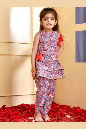 Rangpur Girls Floral Printed Layered Gotta Patti Pure Cotton Kurti with Dhoti Pants