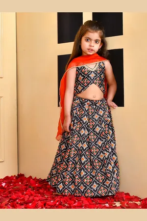 Rangpur Girls Black & Orange Printed Silk Lehenga & Blouse With Dupatta
