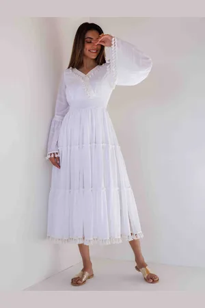 Ragavi Self Design Bell Sleeves Chiffon Empire Midi Dress