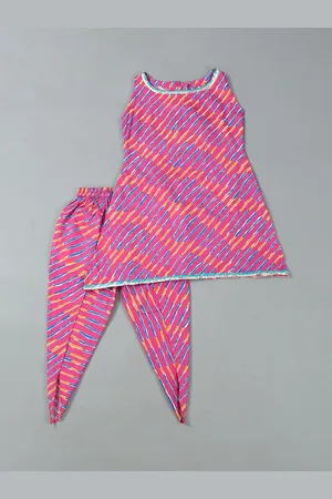 Rangpur Girls Leheriya Printed Gotta Patti Pure Cotton Kurta with Dhoti Pants