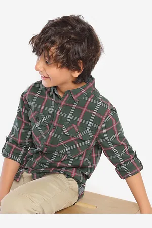BONKIDS Boys Standard Tartan Checked Spread Collar Cotton Casual Shirt