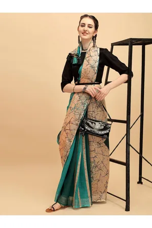 Sangria Beige & Green Tie and Dye Pure Linen Saree