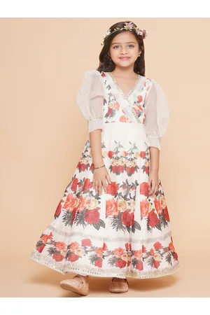 Bhama Girls Floral Printed Embellished Silk Fit & Flare Maxi Dress