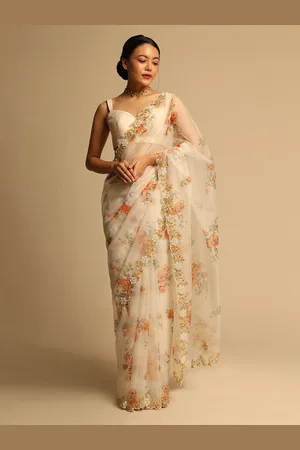 KALKI Fashion Floral Printed Beads and Stones Organza Saree