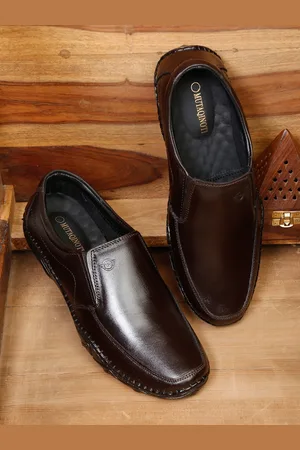 MUTAQINOTI Men Brown Solid Leather Formal Slip-On Shoes