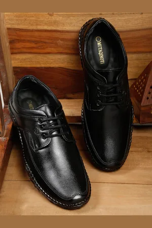 MUTAQINOTI Men Black Solid Leather Formal Derbys