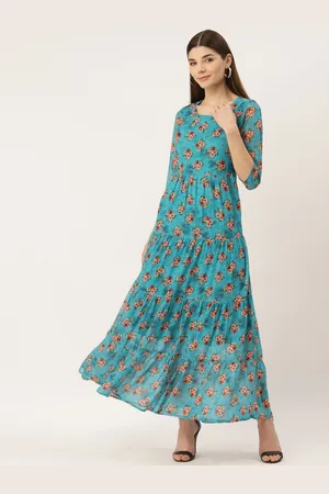 DressBerry Turquoise Blue Floral Printed Round Neck Fit & Flare Maxi Dress