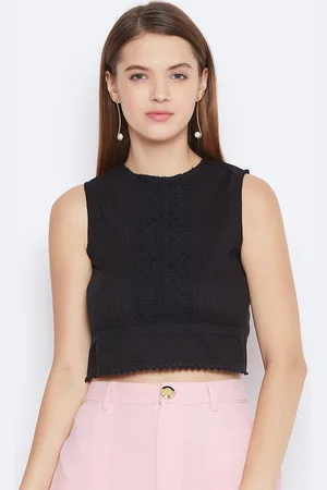 DODO & MOA Women Black Solid Cropped Styled Back Pure Cotton Top
