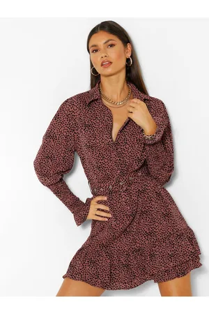 Boohoo Leopard Print Bishop Sleeves Mini Shirt Dress with Belt