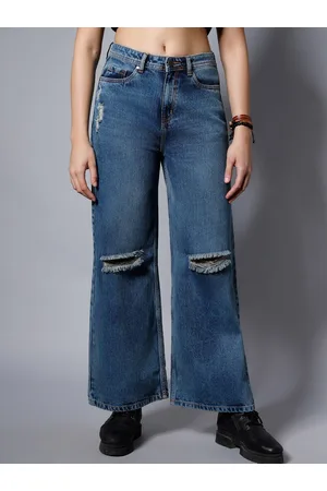 High Star Women Blue Wide Leg High-Rise Slash Knee Light Fade Jeans