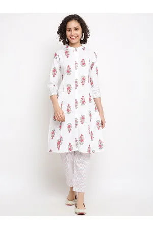 IMARA Floral Printed Mandarin Collar Lace Inserts Pure Cotton Kurta with Trousers