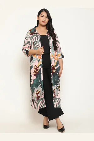 Amydus Plus Size Troipcal Printed Shirt Collar Shurg Style Cotton Linen A-Line Kurta