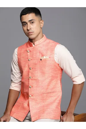MANU Ethnic Motifs Self Design Jacquard Sleeveless Mandarin Collar Nehru Jacket