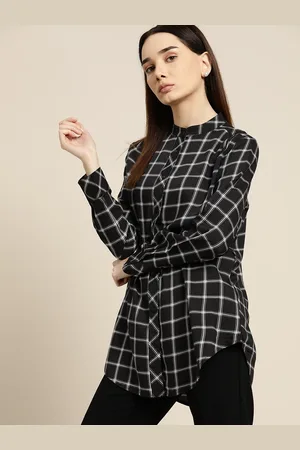 Invictus Women Black & White Windowpane Checks Longline Casual Shirt